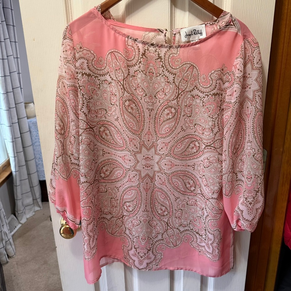 Joseph Ribkoff Sheer Pink Paisley Tunic Blouse Top 3/4 Sleeve Keyhole Size 12